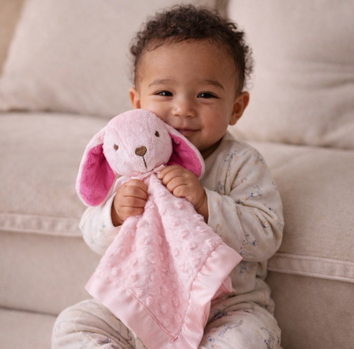 SweetPea boy holding a pink bunny plush toy on a beige couch